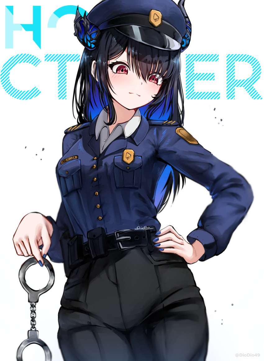 1girl absurdres alternate_costume asymmetrical_horns belt black_belt black_hair black_pants blue_hair blue_nails blue_shirt blush colored_inner_hair cuffs dio_dio hand_on_own_hip handcuffs hat highres holding holding_handcuffs hololive hololive_english horns long_hair looking_at_viewer multicolored_hair nail_polish nerissa_ravencroft pants police police_hat police_uniform red_eyes shirt smile solo virtual_youtuber