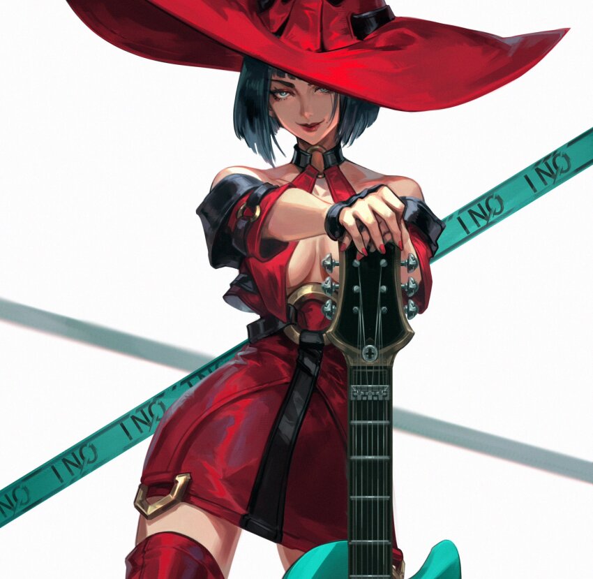 1girl bare_shoulders black_choker black_hair boots breasts choker cleavage detached_sleeves electric_guitar fingerless_gloves gloves guilty_gear guitar hat highres holding holding_guitar holding_instrument i-no instrument large_breasts looking_at_viewer mole mole_under_mouth red_hat red_lips red_nails short_hair simple_background smile solo steve_zheng thigh_boots white_background witch_hat