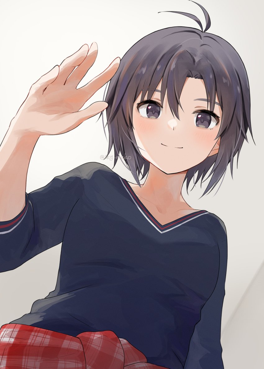 1girl black_hair grey_eyes highres idolmaster kikuchi_makoto long_sleeves looking_at_viewer mogskg open_mouth short_hair simple_background smile solo