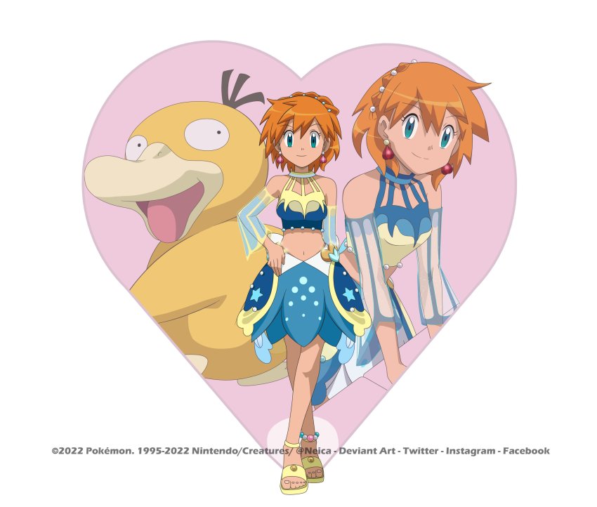 1girl absurdres aqua_eyes bare_shoulders blush breasts closed_mouth creatures_(company) detached_sleeves earrings eyelashes game_freak gen_1_pokemon green_eyes highres jewelry looking_at_viewer misty_(pokemon) misty_(sygna_suit)_(pokemon) navel neica nintendo official_alternate_costume orange_hair pokemon pokemon_masters_ex psyduck shirt short_hair skirt smile solo