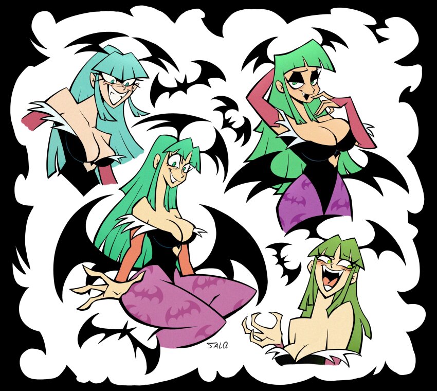 4girls absurdres animal_print arm_behind_head arm_up bare_shoulders bat_(animal) bat_print bat_wings black_eyeshadow black_wings blunt_bangs blunt_sidelocks blush breasts bridal_gauntlets cleavage clothing_cutout cutout_above_navel darkstalkers demon_girl elbow_gloves eyeshadow fang fangs fewer_digits gloves green_eyes green_hair grin half-closed_eyes hand_to_own_mouth hand_up head_wings heart_cutout highres large_breasts long_eyelashes long_hair looking_at_viewer looking_to_the_side makeup morrigan_aensland multiple_girls multiple_persona multiple_views pantyhose pointy_ears print_pantyhose purple_pantyhose reaching reaching_towards_viewer salomoncallee seductive_smile smile thick_thighs thighs white_background wings