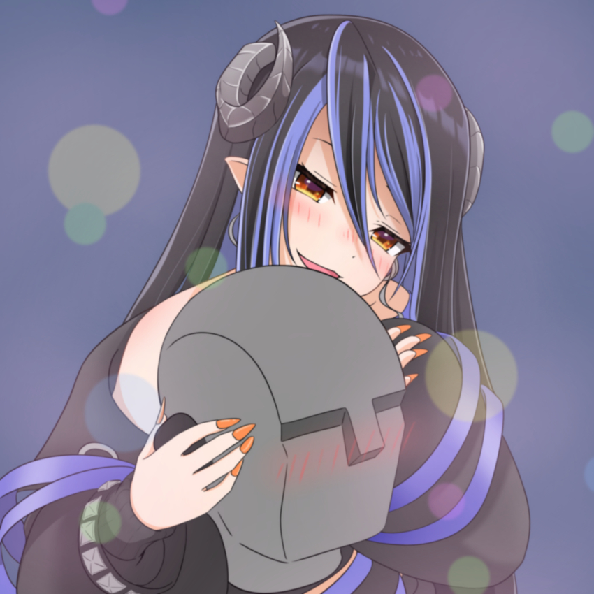 1girl binaural_microphone black_hair black_jacket blue_hair blurry blush bokeh brown_eyes brown_nails commentary_request cuore_0624 curled_horns demon_girl demon_horns depth_of_field fingernails grey_background grey_horns hair_between_eyes hebiyoi_tier hebiyoi_tier_(1st_costume) highres horns jacket long_bangs long_hair long_sleeves microphone multicolored_hair nanashi_inc. neumann_ku_100 nose_blush open_mouth pointy_ears sharp_fingernails sidelocks smile solo two-tone_hair upper_body virtual_youtuber