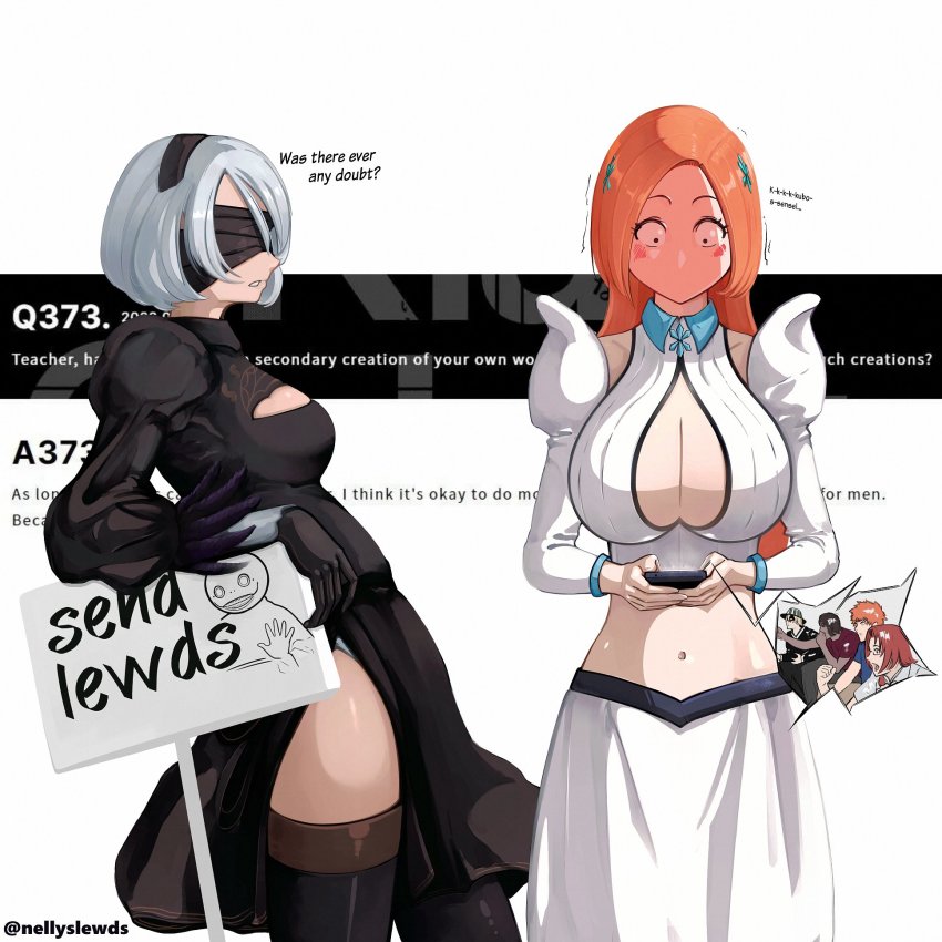 2b_(nier:automata) 3boys 3girls bleach blindfold breasts cleavage crossover dark-skinned_male dark_skin glasses hat highres honshou_chizuru huge_breasts inoue_orihime kurosaki_ichigo large_breasts long_hair medium_hair meme midriff multiple_boys multiple_girls navel nellyslewds nier:automata nier_(series) orange_hair red_hair revealing_clothes sado_yasutora skirt urahara_kisuke white_hair