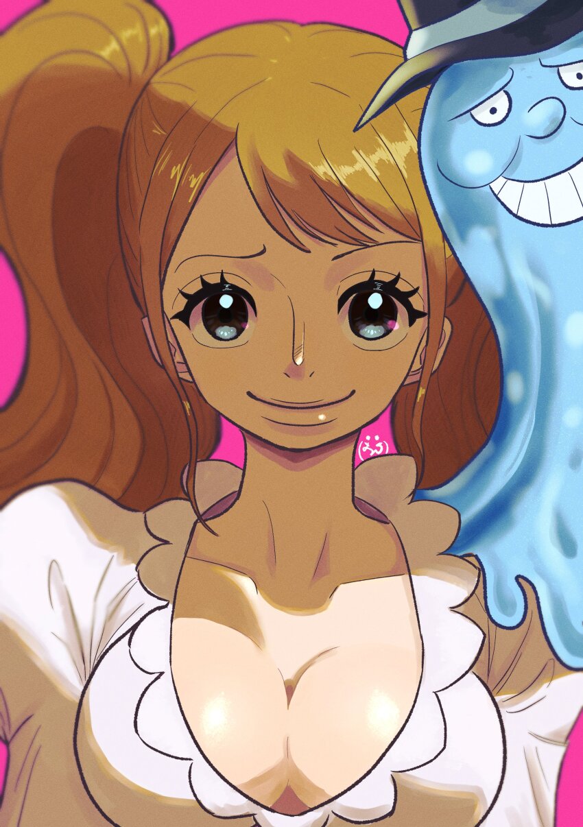 1girl 1other absurdres breasts charlotte_pudding cleavage highres huge_breasts large_breasts nitro_(one_piece) no_bra one_piece shiny_skin smile twintails