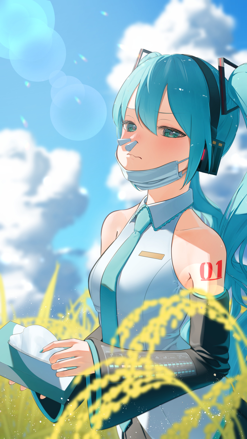 1girl absurdres bananafish1111 bare_shoulders blue_eyes blue_hair blue_nails blue_sky blush breasts cloud detached_sleeves hatsune_miku hay_fever headset highres long_hair looking_at_viewer mask mask_pull mouth_mask necktie outdoors sky solo tissue_box tissue_in_nose twintails very_long_hair vocaloid