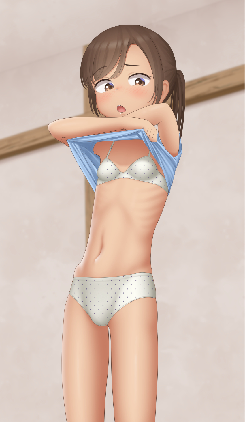 1girl absurdres blue_shirt bra breasts brown_eyes brown_hair clothes_lift cowboy_shot female_focus highres looking_at_viewer navel open_mouth original paid_reward_available panties polka_dot polka_dot_bra polka_dot_panties ponytail ribs sc_naru shirt shirt_lift short_hair small_breasts solo standing teeth thighs underwear undressing upper_teeth_only white_bra white_panties