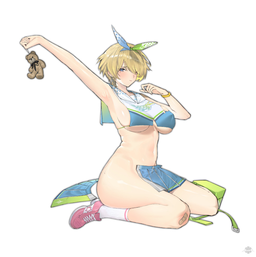 1girl absurdres arm_up armpits bandage_on_knee bare_shoulders belt belt_pouch blonde_hair blue_eyes blue_shirt blue_skirt blush breasts charm_(object) cheerleader closed_mouth clothes_writing commentary covered_erect_nipples crop_top earrings ever_frost full_body girls&#039;_frontline girls&#039;_frontline_2:_exilium green_belt hair_between_eyes hair_ornament hair_ribbon highres holding holding_charm jewelry kneehighs large_breasts looking_at_viewer mole mole_under_eye navel nikketa_(girls&#039;_frontline_2) official_alternate_costume pink_shoes pouch ribbon shirt shoes short_hair sidelocks signature simple_background sitting skindentation skirt sleeveless sleeveless_shirt sneakers snowflake_earrings socks solo stomach sweat torn_clothes torn_shirt underboob unworn_belt unworn_skirt vsk-94_(girls&#039;_frontline) wariza watch white_background white_shirt white_socks wristwatch