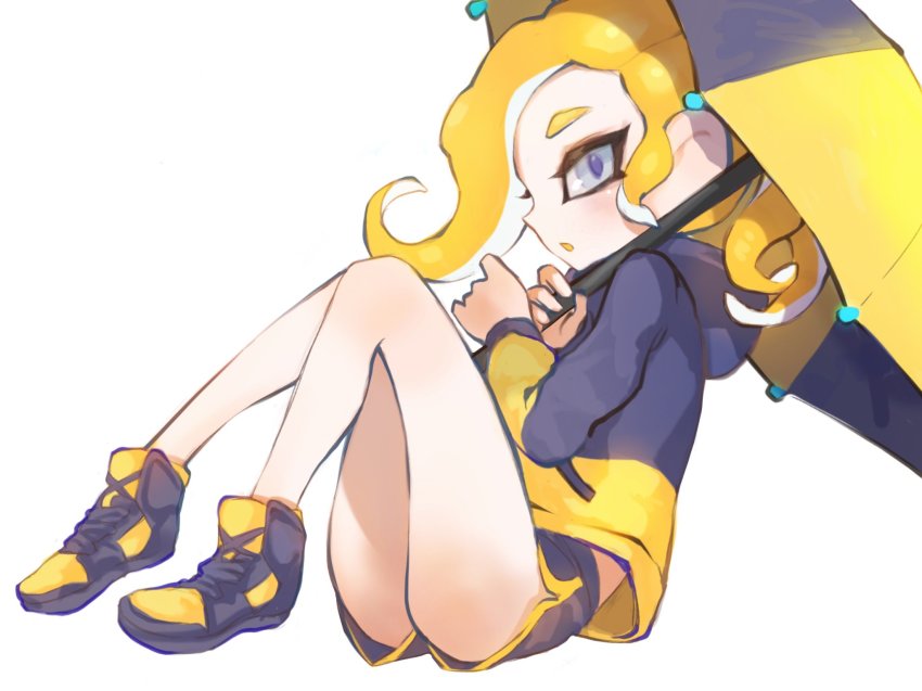 1girl :o bad_id bad_twitter_id black_shorts blonde_hair dolphin_shorts female_focus grey_eyes highres holding holding_umbrella hood hood_down hooded_jacket jacket jtveemo long_hair long_sleeves nintendo octoling octoling_player_character open_mouth over_shoulder shoes short_shorts shorts sideways_mouth simple_background sitting solo splat_brella_(splatoon) splatoon_(series) splatoon_2 suction_cups tentacle_hair track_jacket umbrella white_background