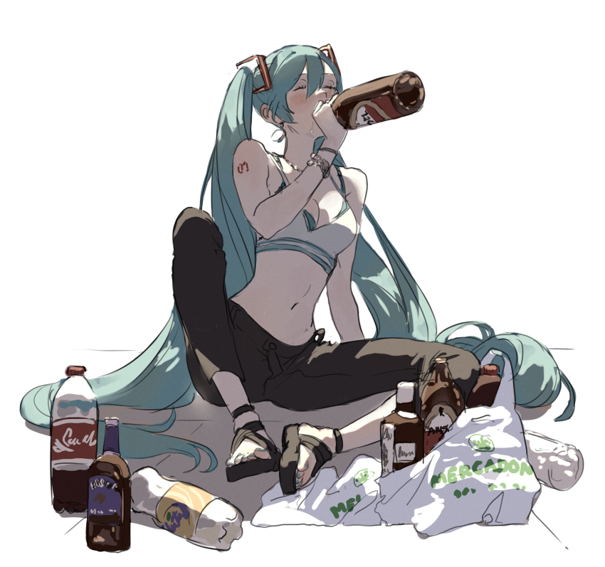 1girl absurdres ai-wa alcohol aqua_bra aqua_hair aqua_nails bare_arms beer black_pants blue_hair bra bracelet breasts closed_eyes coca-cola drinking fanta hatsune_miku highres jewelry long_hair medium_breasts mercadona nail_polish necklace pants sandals sitting solo sports_bra twintails underwear very_long_hair vocaloid white_sports_bra worldwide_miku