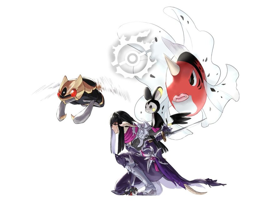 1girl 2021 au_ra black_hair creatures_(company) crossover dragon_horns emolga final_fantasy final_fantasy_xiv fins flying game_freak gen_1_pokemon gen_3_pokemon gen_5_pokemon holding holding_knife horns kneeling knife ninja_(final_fantasy) ninjask nintendo pokemon pokemon_(creature) potion_lilac purple_scarf scarf seaking silver_footwear yugiri_mistwalker