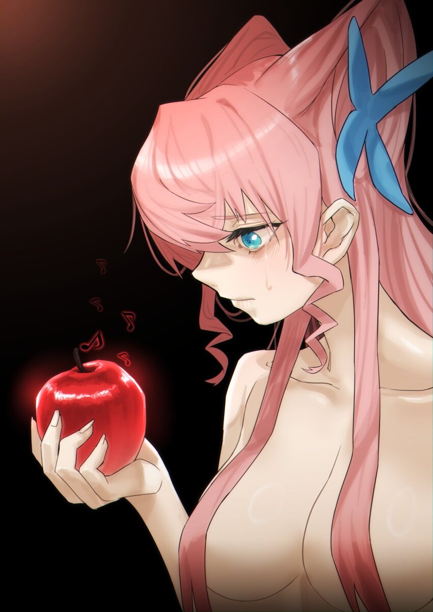 1girl apple black_background blue_eyes breasts collarbone commentary_request crying crying_with_eyes_open food fruit hair_ornament haishima_xv highres holding holding_food holding_fruit large_breasts long_hair looking_down looking_to_the_side maria_cadenzavna_eve musical_note nude pink_hair sad senki_zesshou_symphogear solo tears upper_body