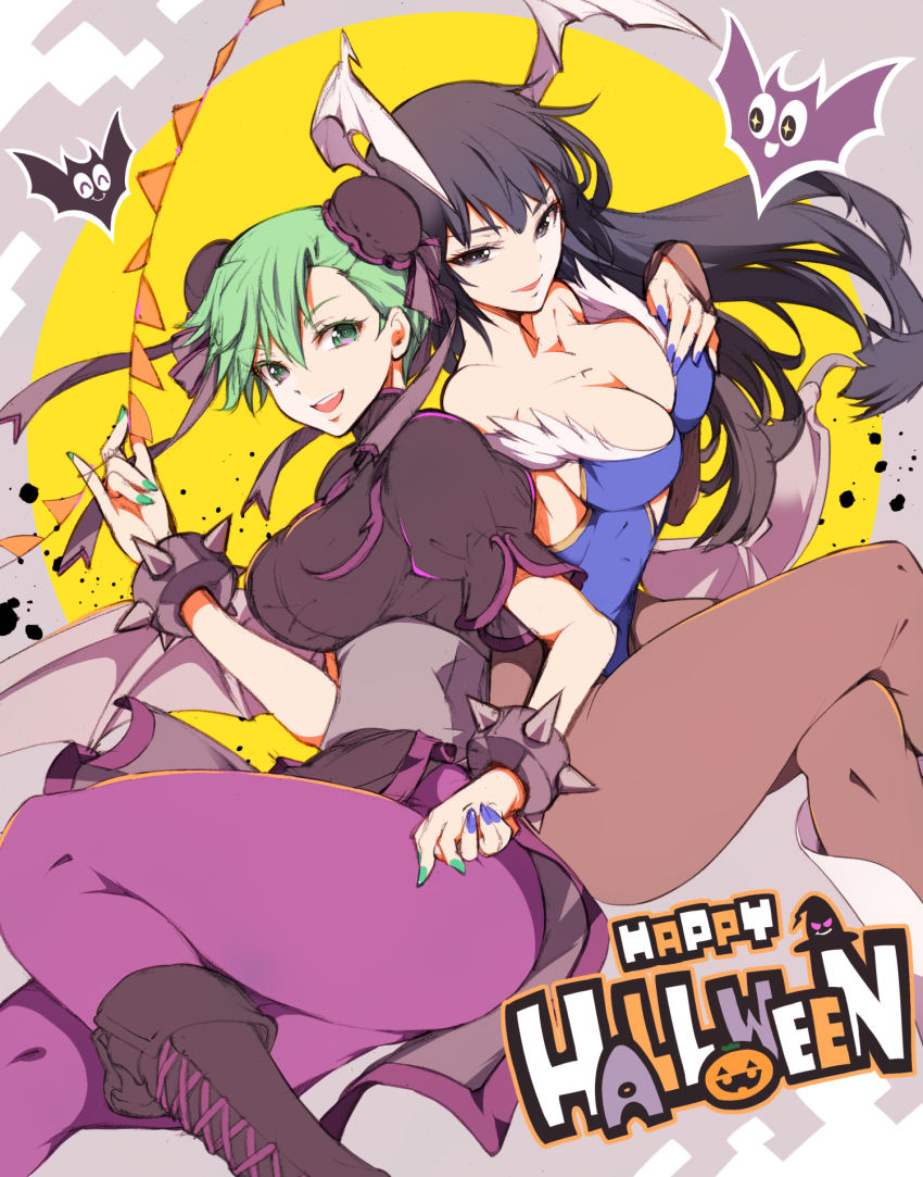 2girls alternate_hairstyle bat_(animal) blue_leotard blue_nails bracelet bridal_gauntlets capcom chun-li chun-li_(cosplay) color_switch cosplay costume_switch crossed_legs darkstalkers double_bun english_text full_moon green_eyes green_hair green_nails hair_bun hairstyle_switch halloween head_wings highres ichizen_(o_tori) jewelry leotard moon morrigan_aensland morrigan_aensland_(cosplay) multiple_girls pantyhose purple_pantyhose smile spiked_bracelet spikes strapless strapless_leotard street_fighter street_fighter_6 thighs wings