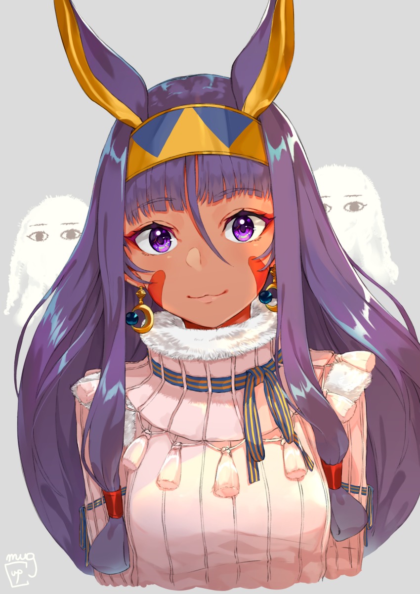 &lt;o&gt;_&lt;o&gt; 1girl absurdres alternate_costume animal_ears commentary_request dark-skinned_female dark_skin earrings facial_mark fate/grand_order fate_(series) hairband highres hoop_earrings jackal_ears jewelry light_smile lips long_hair looking_at_viewer medjed_(fate) mugcup nitocris_(fate) purple_eyes purple_hair sidelocks signature sweater turtleneck turtleneck_sweater upper_body very_long_hair white_sweater