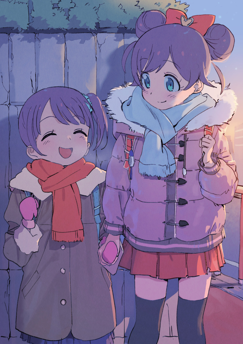 2girls ^_^ absurdres aqua_eyes blush bow closed_eyes coat dorontabi double_bun hair_bow hair_bun height_difference highres holding_hands manaka_laala manaka_non miniskirt mittens multiple_girls outdoors pretty_series pripara purple_hair scarf side_ponytail skirt thighhighs winter_clothes