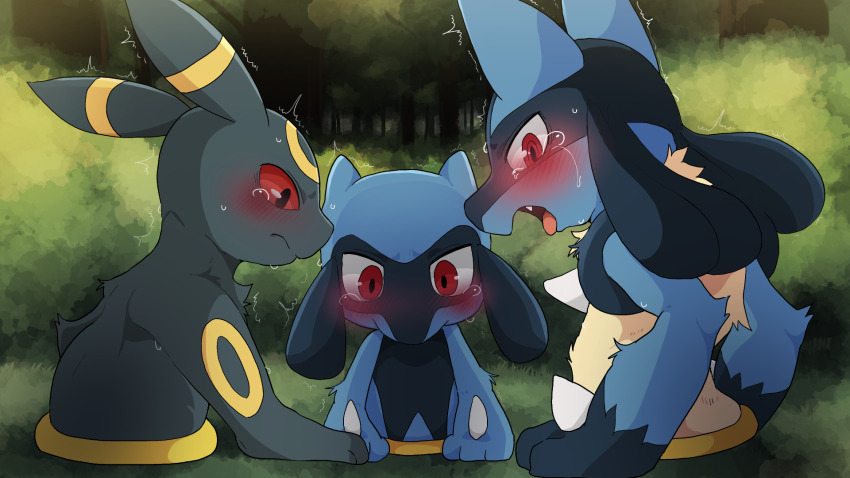 3boys @_@ animal_ears blush closed_mouth commentary creatures_(company) crying crying_with_eyes_open dagashi_(daga2626) fang game_freak gen_2_pokemon gen_4_pokemon highres lucario male_focus multiple_boys nintendo open_mouth pokemon pokemon_(creature) portal_(object) red_eyes riolu tears trembling umbreon