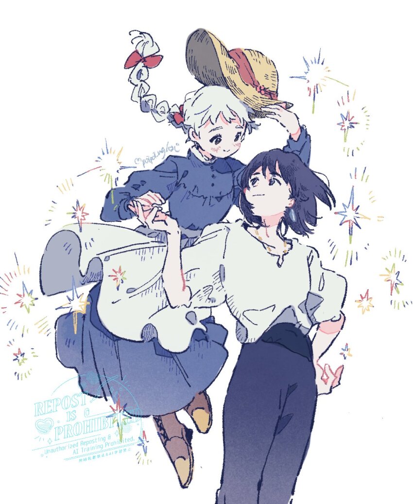 apron black_hair boots braid brown_eyes earrings hazime high-waist_pants highres howl_(howl_no_ugoku_shiro) howl_no_ugoku_shiro jewelry pants sophie_(howl_no_ugoku_shiro) studio_ghibli tagme watermark white_apron white_hair