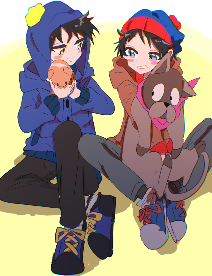 2boys animal beanie black_hair blue_eyes blush_stickers chullo craig_tucker dog full_body grin guinea_pig hat highres holding holding_animal hood hood_down hooded_jacket jacket long_sleeves male_focus multiple_boys nomi_mushi pants pom_pom_(clothes) pom_pom_beanie shadow shoes sitting smile sneakers south_park stan_marsh stripe_(south_park) yellow_background yellow_eyes