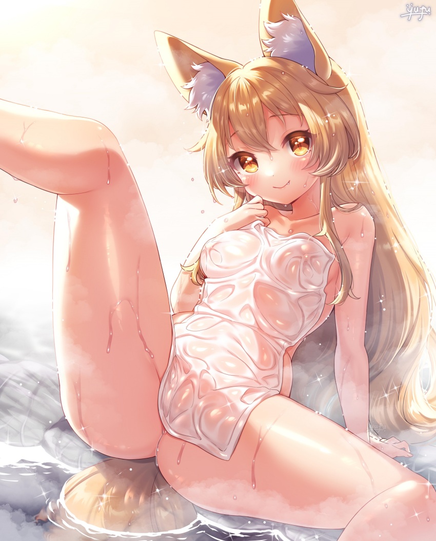 1girl absurdres animal_ear_fluff animal_ears arm_support blush breasts closed_mouth collarbone commentary_request covered_erect_nipples covering_privates fox_ears fox_girl fox_tail highres korin_(shironeko_project) large_variant_set leaning_back long_hair medium_breasts nude_cover onsen paid_reward_available shironeko_project smile solo spread_legs steam tail towel variant_set wet yellow_eyes yufukiri