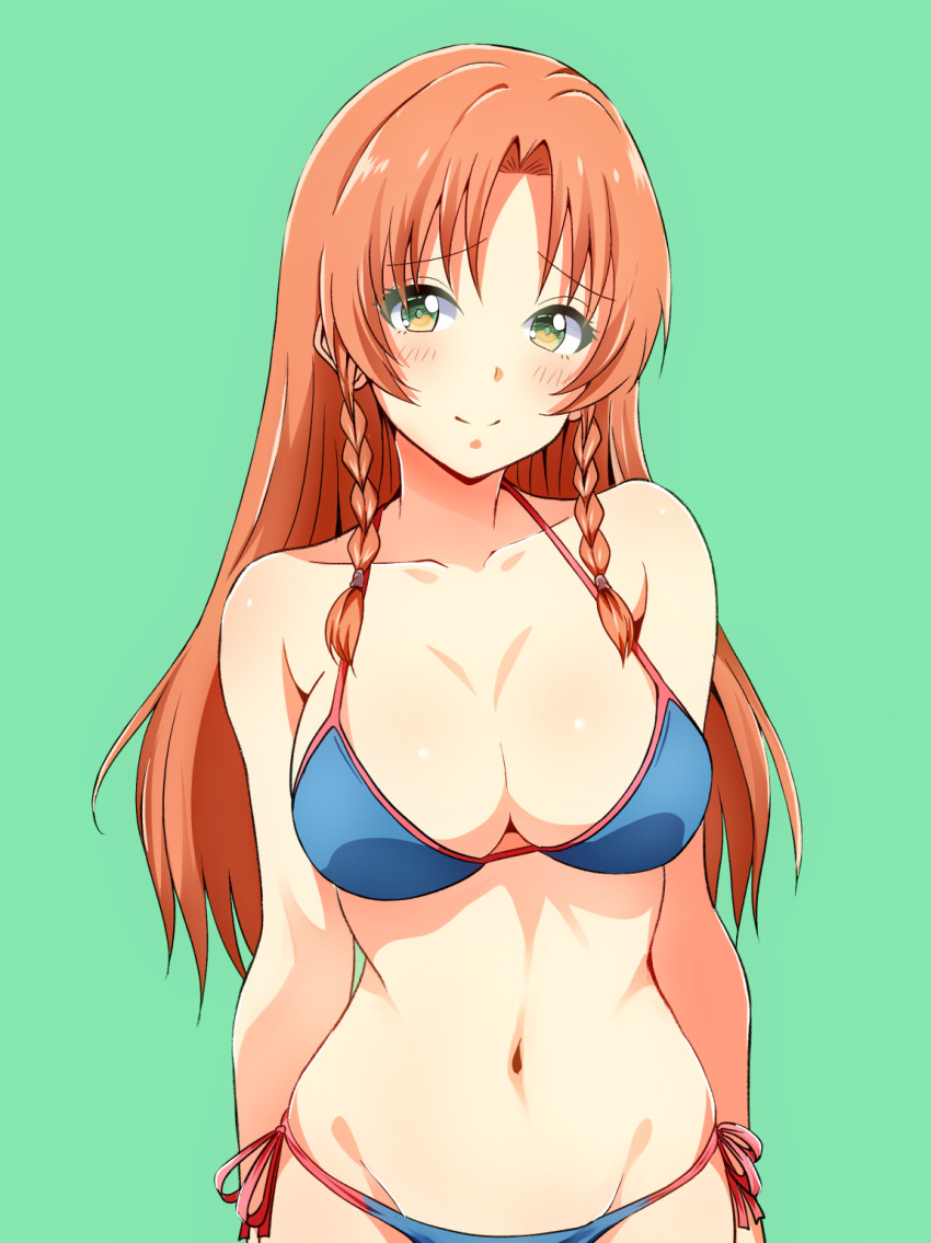 1girl bikini blue_bikini blush braid breasts collarbone commentary_request green_background green_eyes highres hong_meiling kyanta5354 large_breasts long_hair looking_at_viewer multicolored_bikini multicolored_clothes navel orange_hair red_bikini side-tie_bikini_bottom simple_background smile solo stomach swimsuit touhou twin_braids two-tone_bikini upper_body