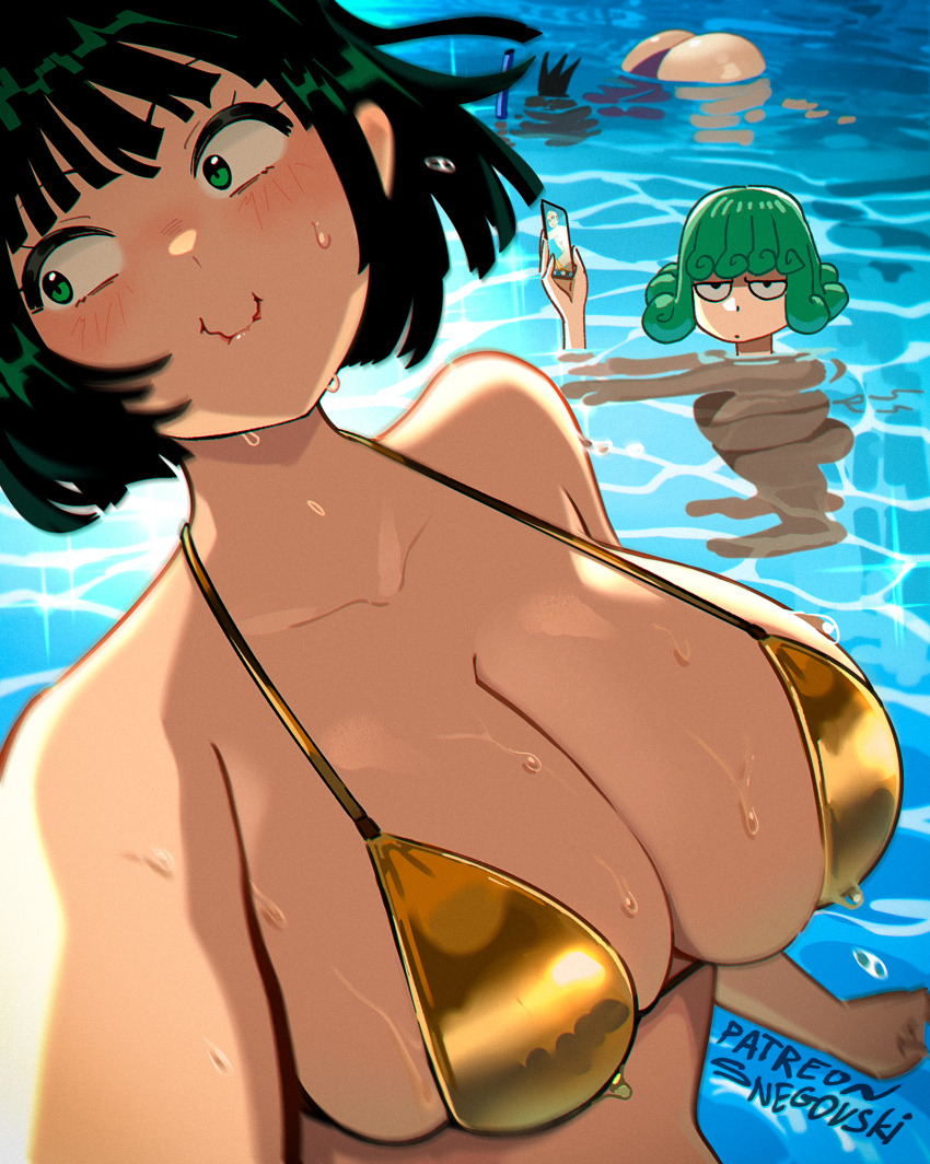 1boy 2girls ass bikini black_hair blush breasts cellphone closed_mouth commentary english_commentary fubuki_(one-punch_man) gold_bikini green_eyes green_hair highres holding holding_phone large_breasts multiple_girls one-punch_man onsoku_no_sonic partially_submerged patreon_username phone pool selfie siblings sisters snegovski swimsuit tatsumaki upper_body wet