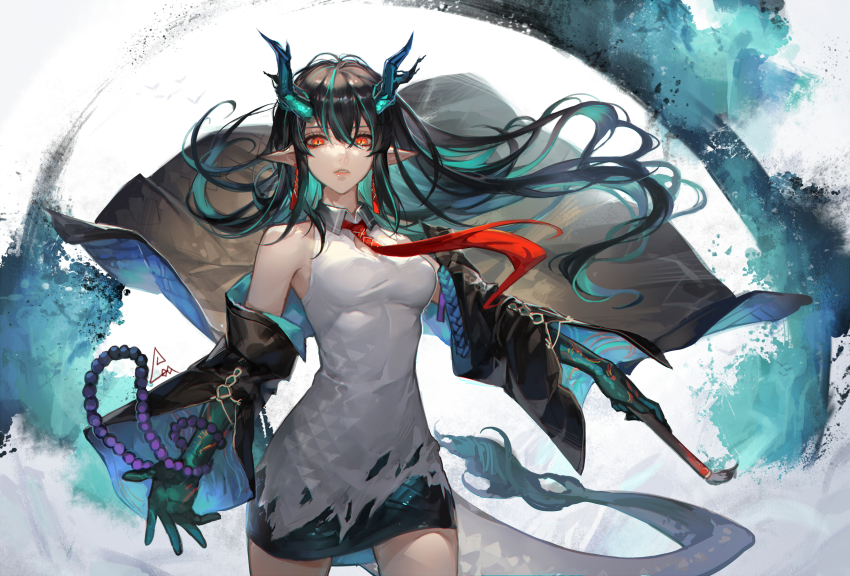 1girl aqua_eyes arknights beads black_coat black_hair breasts calligraphy_brush chinese_commentary coat collared_dress commentary_request cowboy_shot dragon_girl dragon_horns dragon_tail dress dusk_(arknights) earrings elbow_gloves floating_hair gloves gradient_hair green_gloves hair_between_eyes highres holding holding_brush horns jewelry long_hair long_sleeves looking_at_viewer medium_breasts multicolored_hair necktie off_shoulder open_clothes open_coat paintbrush parted_lips red_eyes red_necktie signature simple_background solo spade-m tail very_long_hair white_background white_dress wide_sleeves