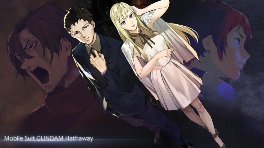 1girl 3boys blonde_hair blue_eyes blue_suit brown_hair brown_necktie brown_ribbon capelet closed_mouth copyright_name dress facial_hair formal_clothes gigi_andalusia grey_eyes gundam gundam_hathaway&#039;s_flash hair_between_eyes hand_in_pocket hathaway_noa highres kitou_sakeru lens_flare long_hair looking_at_viewer multiple_boys necktie open_mouth red_eyes red_hair red_lips ribbon scar scar_across_eye scar_on_face see-through_clothes smile standing star_(sky) stubble suit teeth white_capelet white_dress