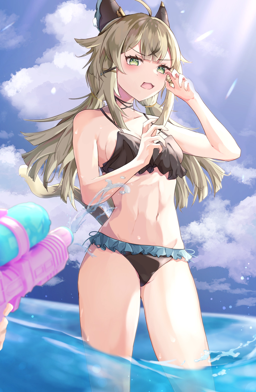 1girl 1other absurdres ahoge animal_ears bare_arms bare_shoulders bikini black_bikini blue_sky cat_ears cloud commentary_request cowboy_shot day genshin_impact green_eyes grey_hair haneshuu_rie highres kirara_(genshin_impact) long_hair looking_at_viewer navel open_mouth outdoors revision sky solo_focus standing stomach sunlight swimsuit thighs wading water water_gun