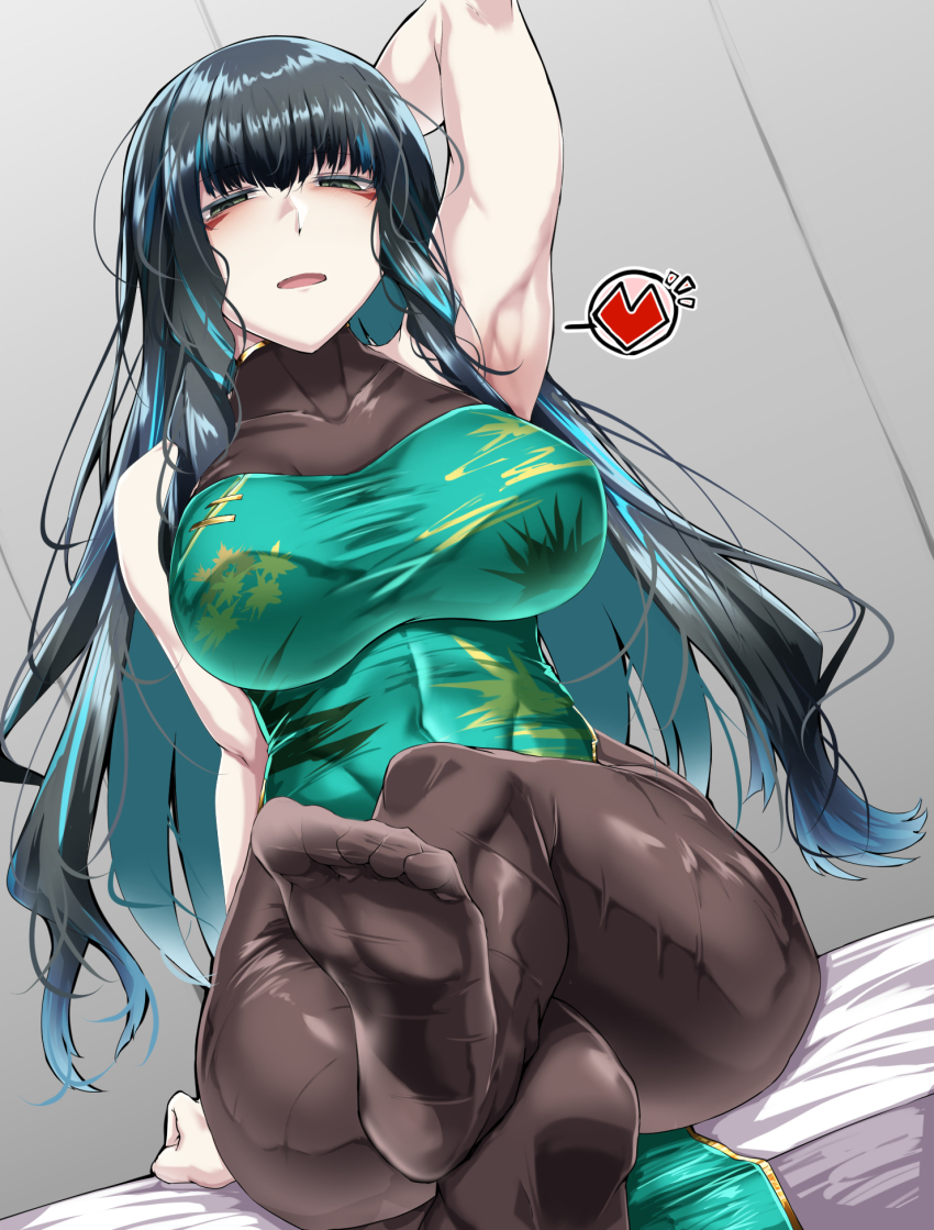 armpits black_hair blue_hair breasts colored_inner_hair fate/grand_order fate_(series) feet grey_eyes heart highres large_breasts long_hair multicolored_hair open_mouth pantyhose sitting tenochtitlan_(fate) tgxx3300 two-tone_hair wavy_hair