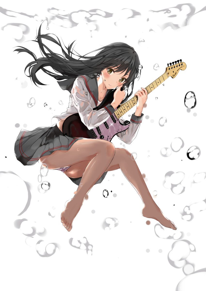 1girl absurdres air_bubble barefoot black_hair blush bubble electric_guitar female_focus fender_stratocaster fujisaki_ribbon green_eyes guitar highres instrument long_hair looking_at_viewer original panties plaid_clothes plaid_skirt school_uniform see-through_clothes serafuku skirt solo underwater underwear wet wet_clothes