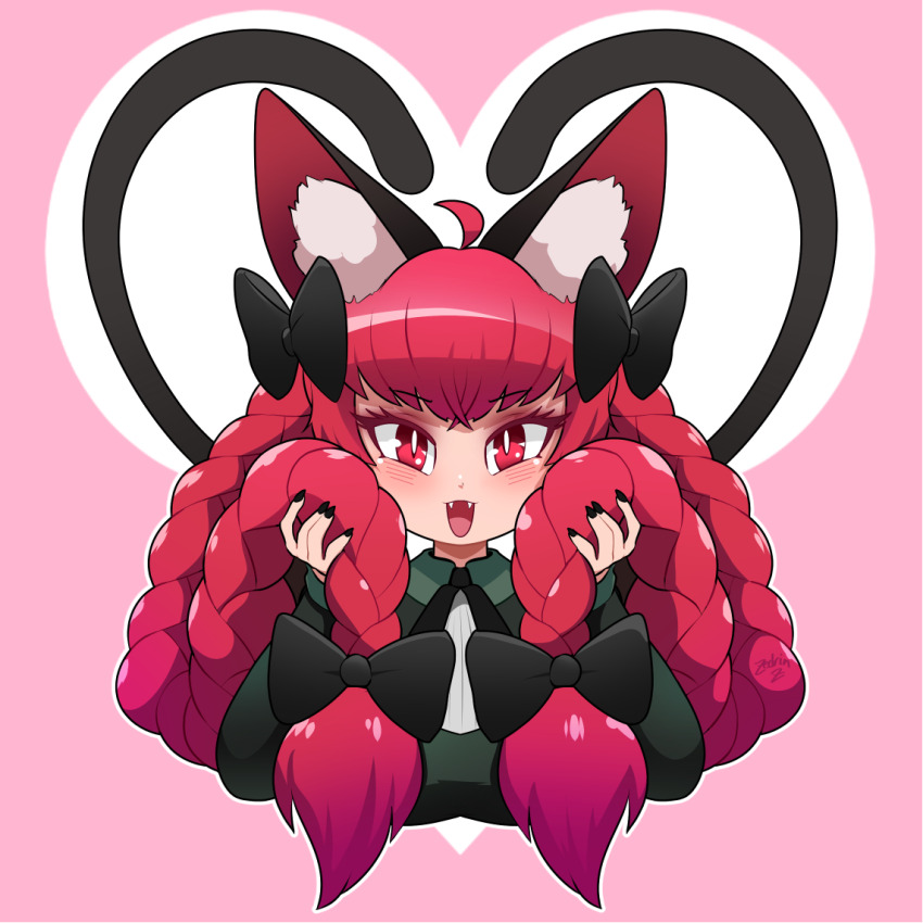 1girl animal_ear_fluff animal_ears big_hair black_bow black_bowtie bow bowtie braid cat_ears cat_girl cat_tail commentary english_commentary fangs heart heart_tail kaenbyou_rin long_hair looking_at_viewer multiple_tails open_mouth pink_background red_eyes red_hair side_braids simple_background slit_pupils solo tail touhou twin_braids two_tails upper_body very_long_hair zedrin