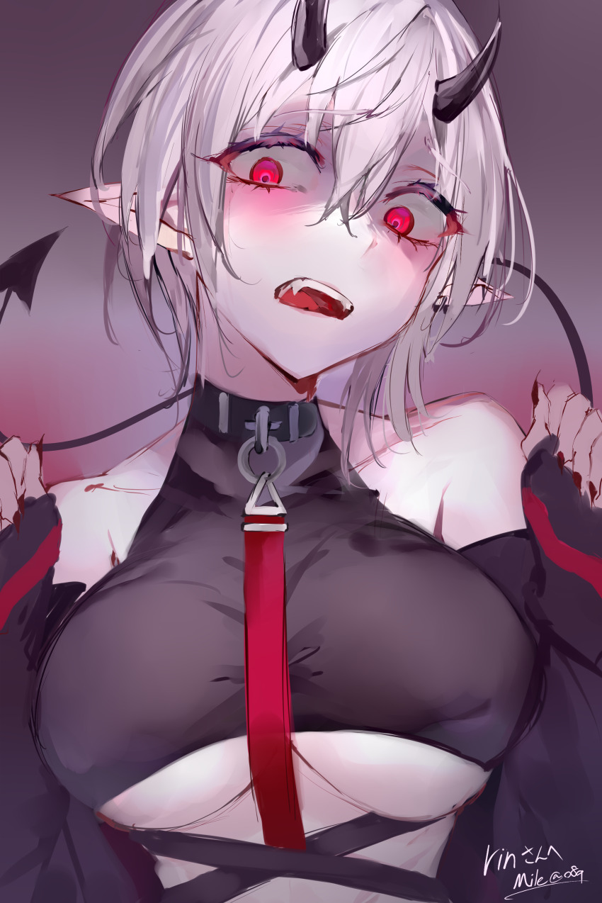 absurdres bare_shoulders black_choker black_horns breasts choker demon_tail ear_piercing fangs hair_between_eyes hands_up highres horns imp indie_virtual_youtuber mile_(off8mile) open_mouth piercing pointy_ears red_eyes red_nails rinkya second-party_source short_hair tail underboob upper_body virtual_youtuber white_hair