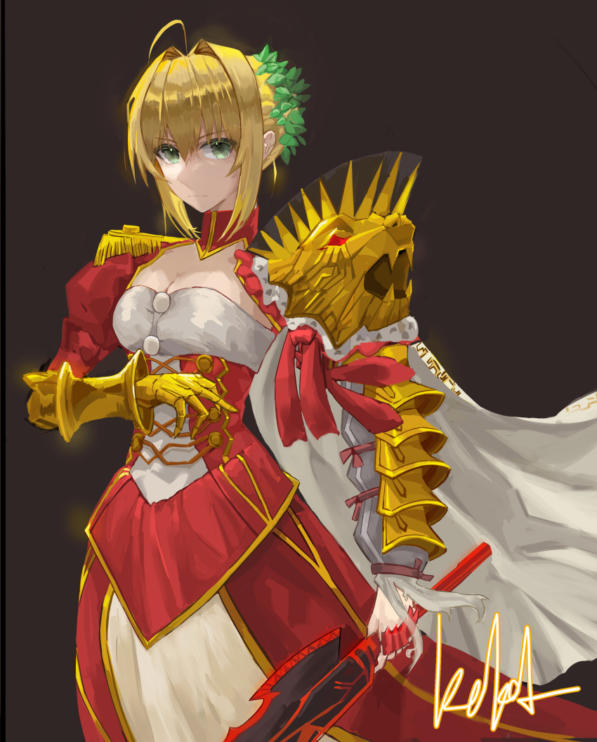 1girl absurdres aestus_estus ahoge ajie574493701 armor blonde_hair blue_eyes breasts cape cleavage epaulettes expressionless fate/grand_order fate_(series) gauntlets hair_intakes highres holding holding_sword holding_weapon looking_at_viewer nero_claudius_(fate) nero_claudius_(fate)_(all) pauldrons shoulder_armor sidelocks signature simple_background solo sword weapon wind wreath