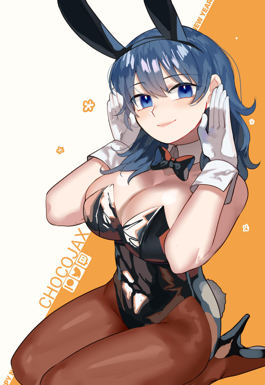 1girl animal_ears black_footwear black_leotard blue_eyes blue_hair bow bowtie breasts brown_pantyhose byleth_(female)_(fire_emblem) byleth_(fire_emblem) chocojax cleavage covered_navel detached_collar fake_animal_ears fake_tail fire_emblem fire_emblem:_three_houses gloves high_heels highres large_breasts leotard lips nintendo pantyhose playboy_bunny rabbit_ears rabbit_pose rabbit_tail seiza shiny_footwear sitting smile solo strapless strapless_leotard tail white_gloves wrist_cuffs