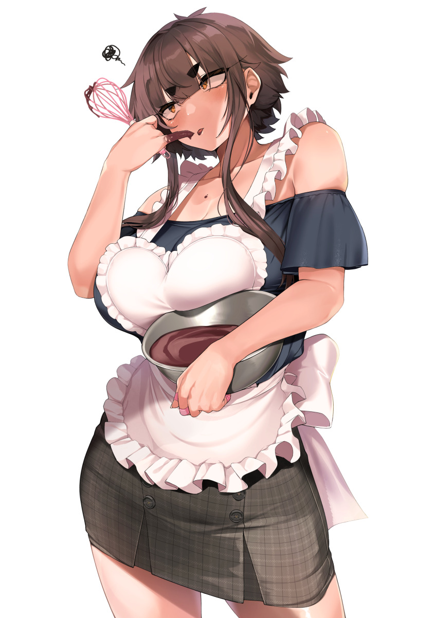 1girl absurdres apron bowl breasts brown_eyes chocolate collarbone commentary_request grey_skirt highres holding holding_bowl jovejun large_breasts looking_away medium_hair original plaid_clothes plaid_skirt simple_background skirt solo standing thick_eyebrows thighs tsubomioka_happa valentine white_apron white_background