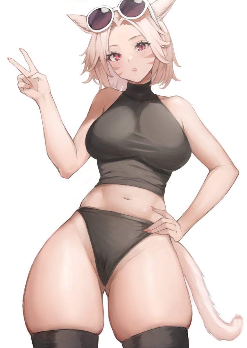 1girl animal_ears black_panties black_shirt black_thighhighs blush breasts cat_ears cat_girl cat_tail commentary commission cowboy_shot cropped_shirt eyewear_on_head facial_mark final_fantasy final_fantasy_xiv groin hand_on_own_hip highres large_breasts light_brown_hair looking_at_viewer miqo&#039;te navel panties parted_lips red_eyes shirt short_hair skeb_commission skindentation solo sunglasses symbol-only_commentary tail thighhighs torisanff14 turtleneck turtleneck_shirt underwear v warrior_of_light_(ff14) whisker_markings white_background