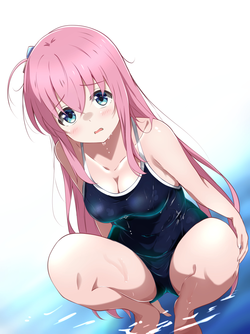 1girl absurdres bare_shoulders blue_eyes blue_one-piece_swimsuit blush bocchi_the_rock! borgbutler breasts cleavage collarbone covered_navel cube_hair_ornament gotoh_hitori hair_between_eyes hair_ornament highleg highleg_one-piece_swimsuit highres long_hair looking_at_viewer one-piece_swimsuit open_mouth partially_submerged pink_hair squatting swimsuit