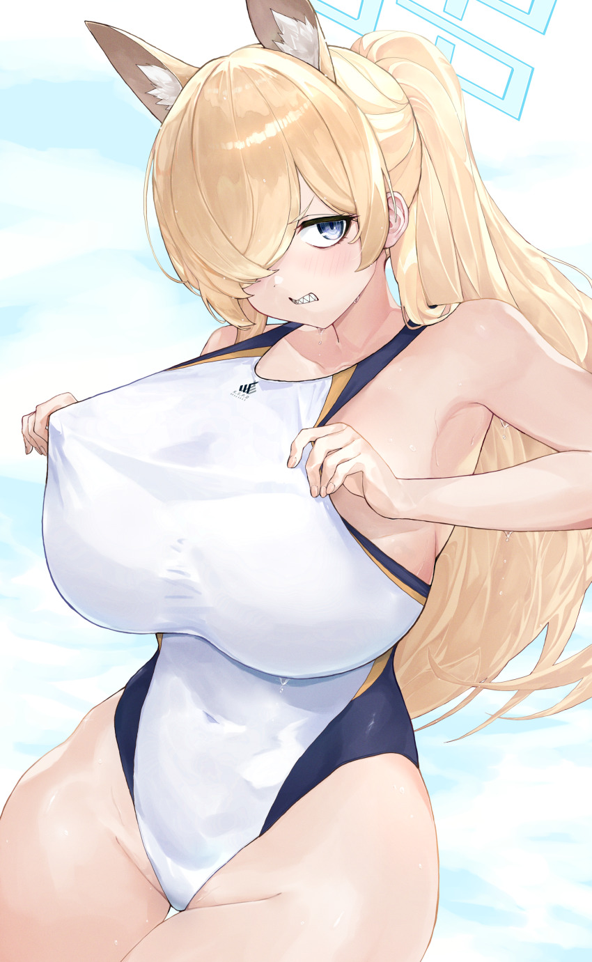 1girl absurdres angry animal_ear_fluff animal_ears blonde_hair blue_archive blue_halo blush bosu758 breasts clenched_teeth competition_swimsuit covered_navel cowboy_shot dog_ears dutch_angle extra_ears glaring hair_over_one_eye halo hands_up highleg highleg_one-piece_swimsuit highres hip_dips huge_breasts kanna_(blue_archive) kanna_(swimsuit)_(blue_archive) long_hair multicolored_clothes multicolored_swimsuit official_alternate_costume one-piece_swimsuit ponytail sharp_teeth sky solo standing swimsuit swimsuit_tug teeth thigh_gap wet white_one-piece_swimsuit