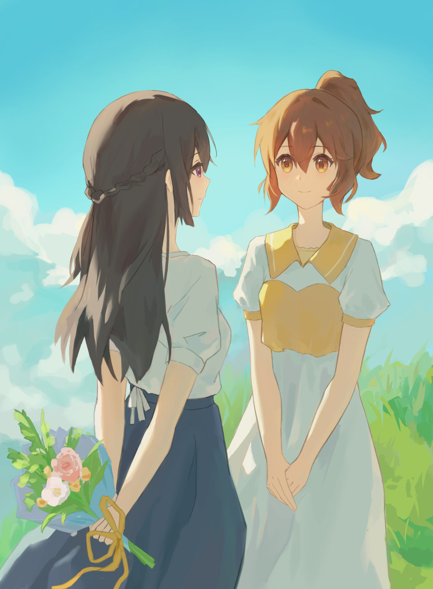 2girls absurdres arms_behind_back black_hair blue_skirt bouquet brown_eyes brown_hair commentary day dress flower hair_between_eyes half_up_braid hibike!_euphonium highres holding holding_bouquet hu_pi_xuan_jiao kousaka_reina long_hair multiple_girls oumae_kumiko outdoors own_hands_together ponytail puffy_short_sleeves puffy_sleeves purple_eyes shirt shirt_tucked_in short_hair short_sleeves skirt white_dress white_shirt