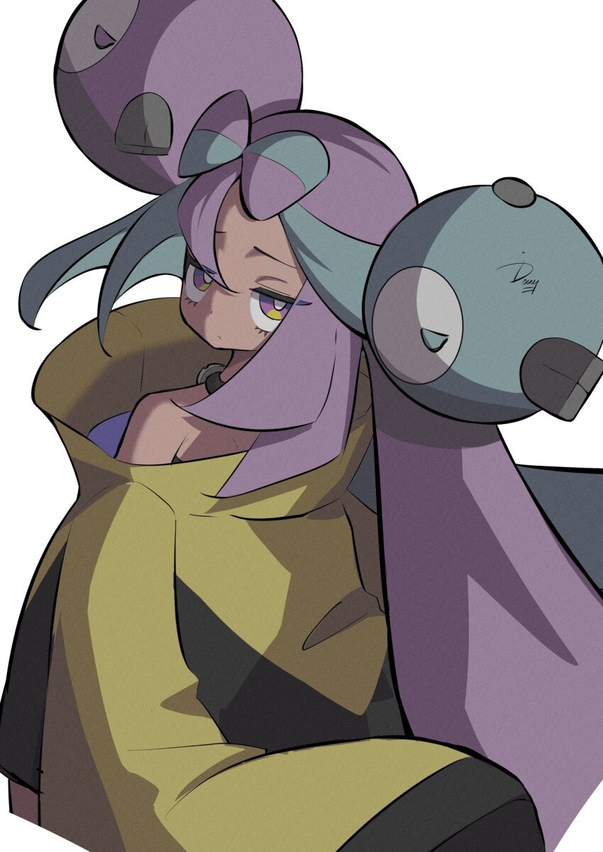 bow-shaped_hair character_hair_ornament hair_ornament hexagon_print highres ida_(idalol490) iono_(pokemon) jacket long_hair low-tied_long_hair multicolored_hair pokemon pokemon_sv sleeves_past_wrists split-color_hair two-tone_hair very_long_sleeves yellow_jacket