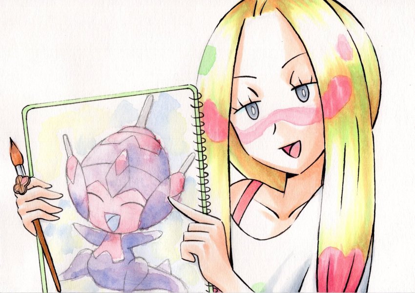 1girl blonde_hair creatures_(company) game_freak gen_7_pokemon highres marker_(medium) mina_(pokemon) nintendo oka_mochi paint_splatter paint_splatter_on_face paintbrush painting_(medium) painting_(object) poipole pokemon pokemon_(anime) pokemon_(creature) pokemon_sm_(anime) traditional_media ultra_beast watercolor_(medium)