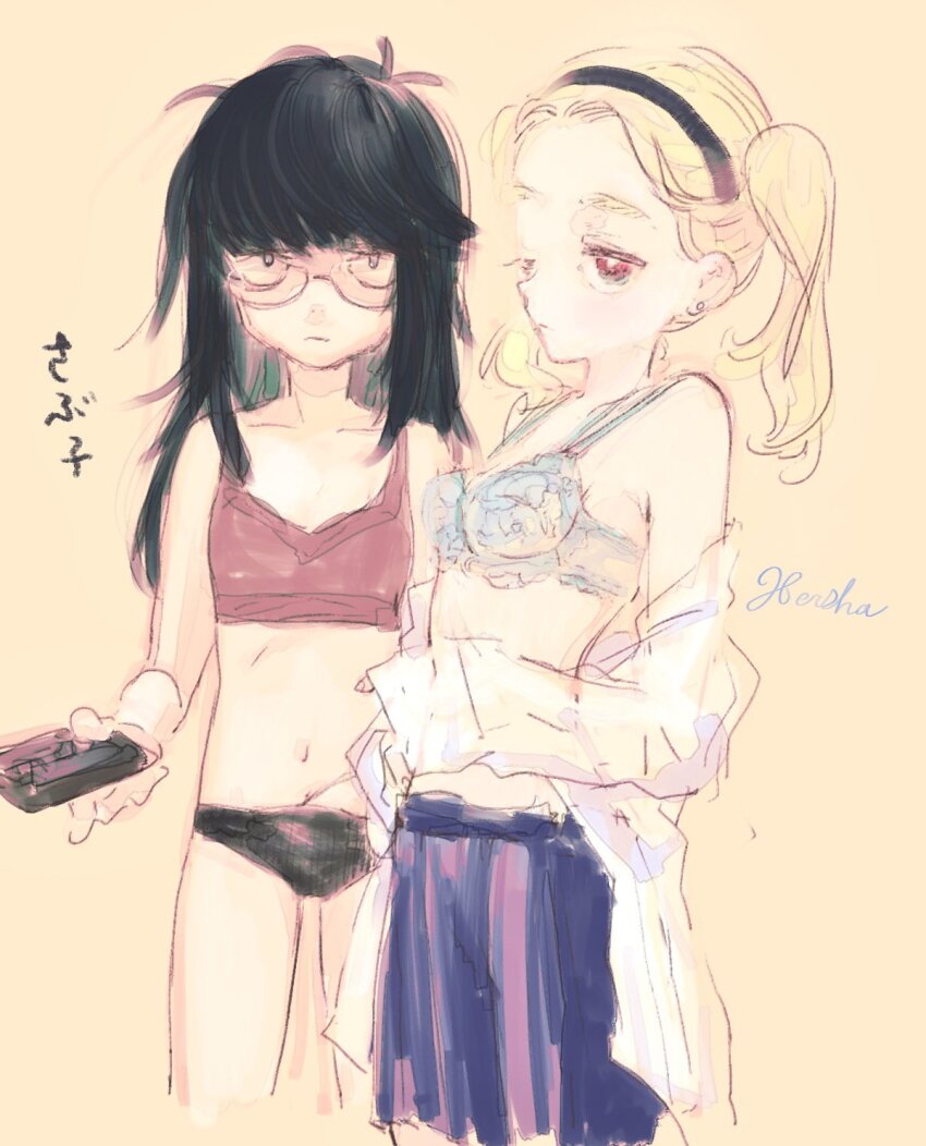 2girls black_hair blonde_hair borrowed_character bra breasts glasses hairband harsha_(eisu) highres long_hair medium_hair messy_hair multiple_girls navel original panties payama scratching_crotch simple_background sketch small_breasts tsukigime_sabuko twintails underwear undressing yellow_background