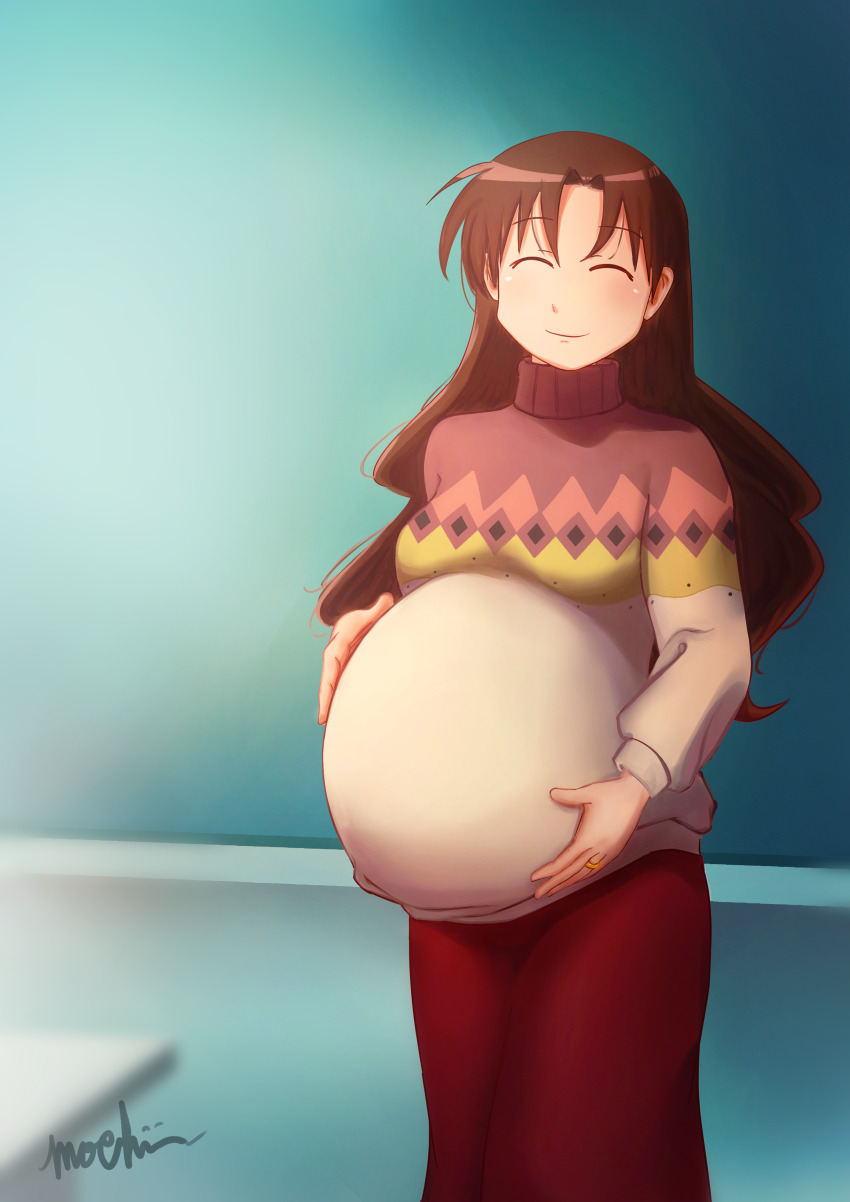 1girl absurdres azumanga_daiou big_belly breasts brown_hair classroom closed_eyes commission commissioner_upload highres jewelry long_hair mature_female mochii89 pregnant ring smile solo sunlight sweater tanizaki_yukari teacher wedding_ring