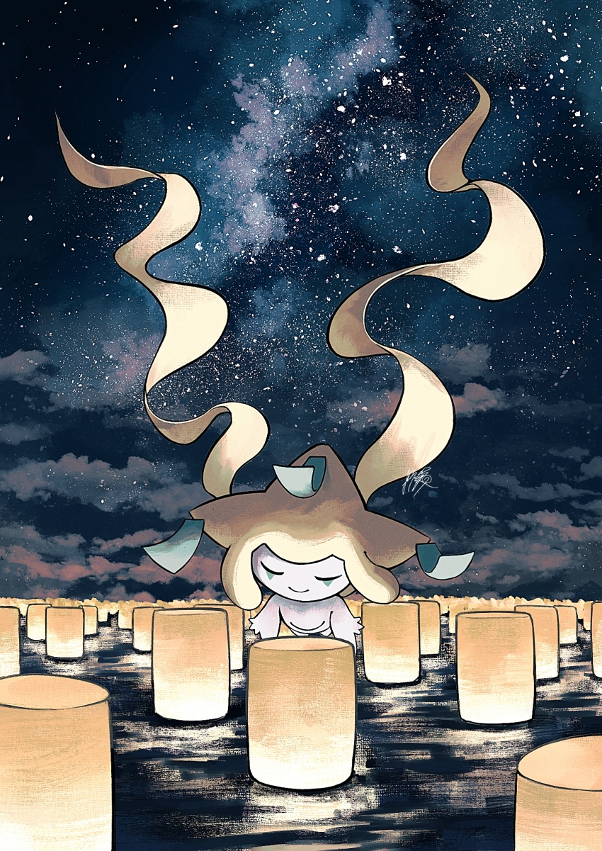 closed_eyes closed_mouth cloud commentary_request creatures_(company) game_freak gen_3_pokemon highres jirachi kuchiba_(jret2454) legendary_pokemon mythical_pokemon night nintendo no_humans outdoors pokemon pokemon_(creature) signature sky smile solo star_(sky)