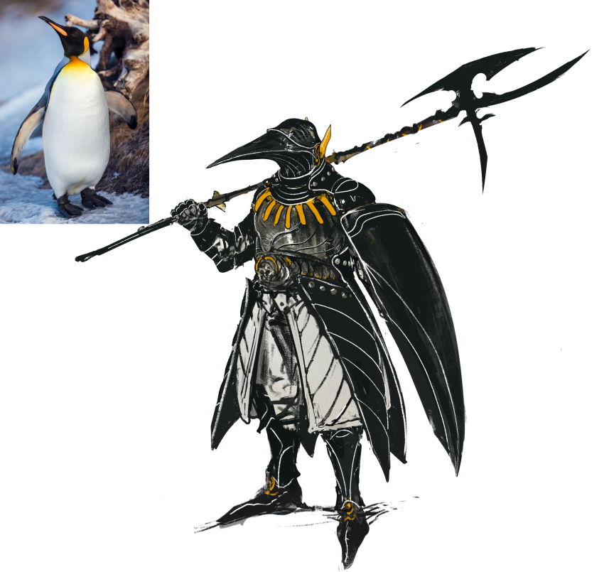 1other animal armor bird black_armor commentary faulds full_armor gauntlets greaves halberd highres holding holding_polearm holding_weapon original penguin personification photo_inset polearm simple_background tu_tka weapon white_background