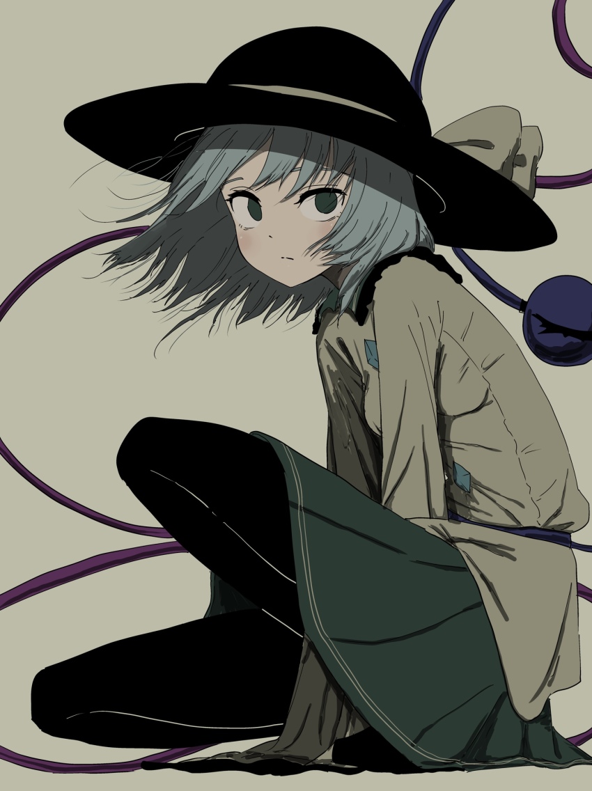 1girl blush bow closed_mouth eyeball green_skirt grey_background grey_eyes grey_hair grey_shirt hair_between_eyes hat highres komeiji_koishi looking_at_viewer medium_hair raised_eyebrows shirt simple_background skirt solo squatting third_eye touhou uzou_ck0l65ckol47909