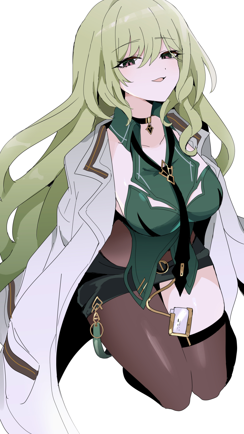 1girl absurdres awe_(adorableduckyy) bare_shoulders black_necktie black_skirt breasts choker commentary green_eyes green_hair green_shirt hair_between_eyes highres honkai_(series) honkai_impact_3rd lab_coat long_hair looking_at_viewer miniskirt mobius_(honkai_impact) necktie open_mouth pantyhose shirt single_thighhigh skirt slit_pupils smile solo thighhighs wavy_hair white_background