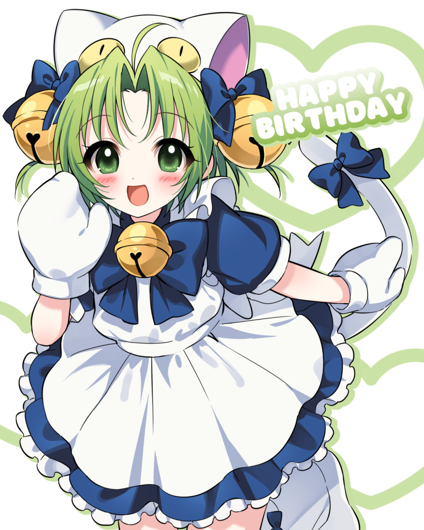 1girl :d ahoge animal_hat apron bell blue_bow blue_bowtie blue_dress blue_ribbon bow bowtie cat_girl cat_hat cat_tail commentary_request dejiko di_gi_charat dot_nose dress footwear_ribbon green_eyes green_hair hair_bell hair_bow hair_ornament hand_up happy_birthday hat highres jingle_bell medium_hair mittens neck_bell open_mouth parted_bangs poi1107 puffy_short_sleeves puffy_sleeves ribbon short_sleeves smile solo tail tail_bow tail_ornament two_side_up white_apron white_footwear white_hat white_mittens