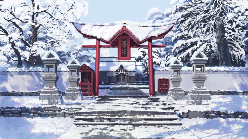 absurdres cocomeen commentary day english_commentary highres no_humans original outdoors pine_tree scenery snow stone_lantern torii translation_request tree