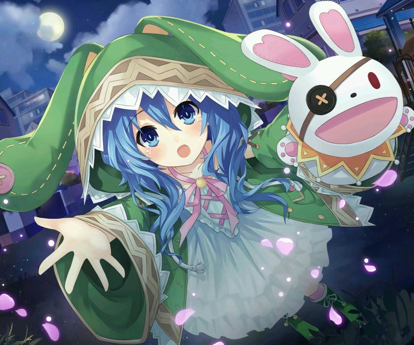 1girl animal_ears animal_hood blue_eyes blue_hair boots building cloud coat date_a_live date_a_live:_spirit_pledge dress eyepatch falling_petals frilled_dress frills full_moon game_cg green_footwear hair_between_eyes hand_puppet highres himekawa_yoshino hood long_hair long_sleeves moon night official_art open_mouth outdoors outstretched_arms petals pink_ribbon puppet rabbit_ears ribbon solo third-party_source white_dress wide_sleeves yoshinon