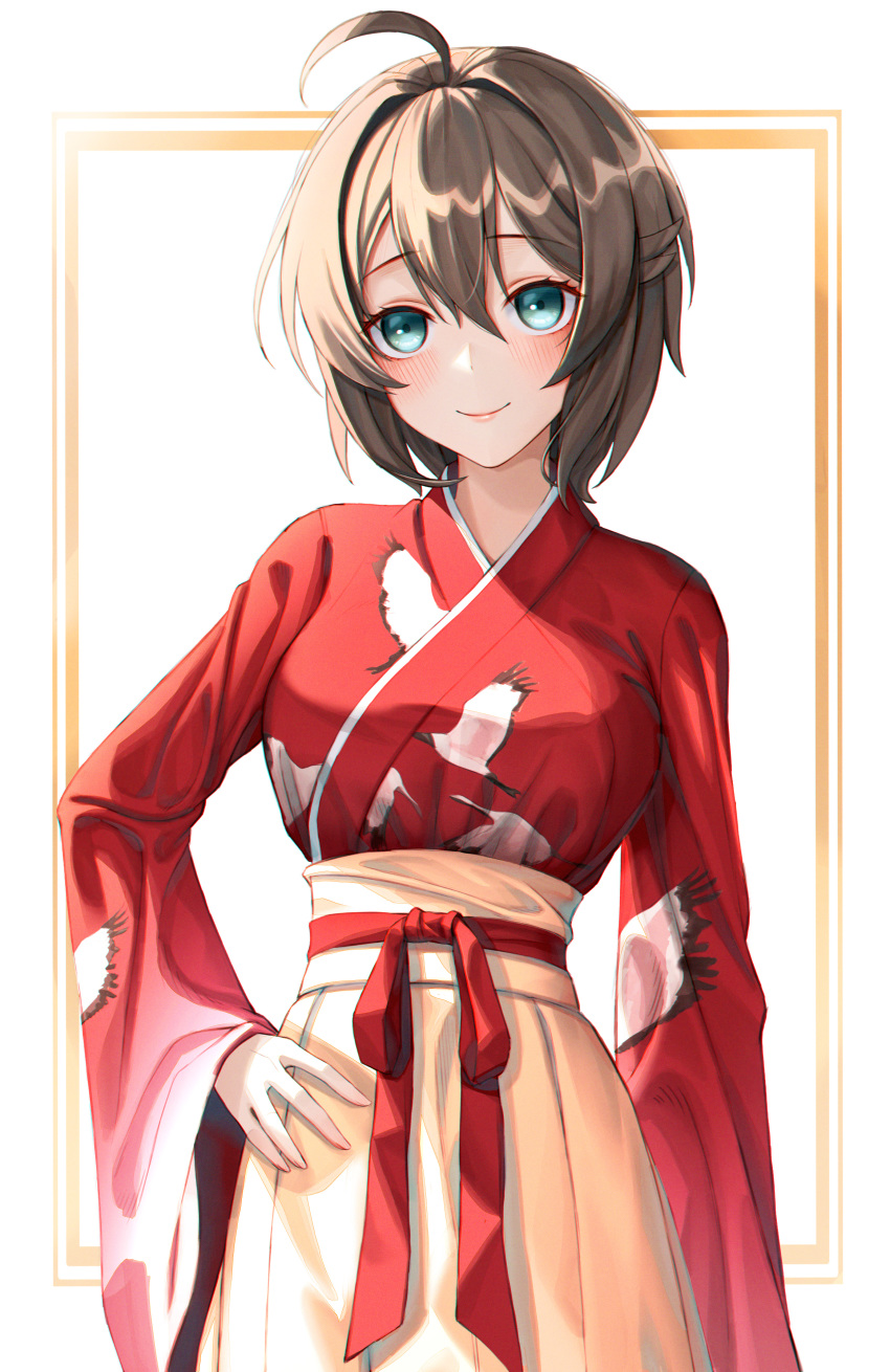 1girl absurdres ahoge akazukin_(mary_skelter) animal_print aqua_eyes bird_print blush brown_hair commission eichi_(skskdi12z) hakama hakama_skirt hand_on_own_hip highres japanese_clothes kimono long_sleeves mary_skelter pixiv_commission print_kimono red_kimono red_ribbon ribbon short_hair skirt smile solo upper_body white_background wide_sleeves